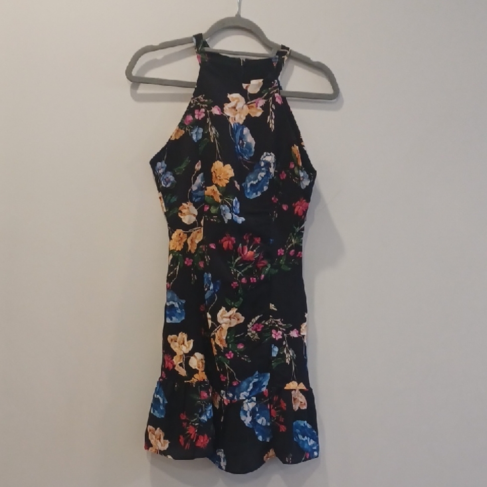 Parker Black Floral Halter Mini Dress with Blue and Yellow Blooms